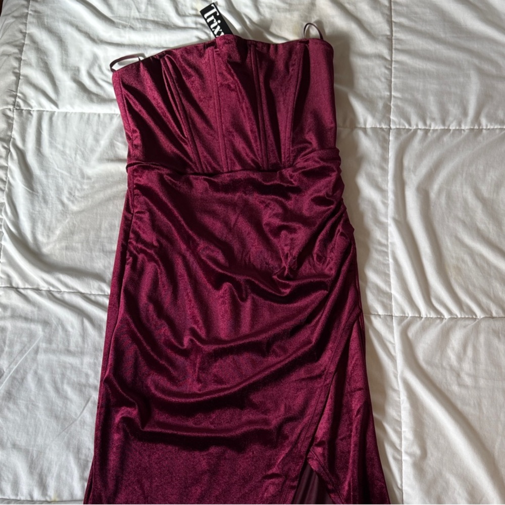 Elegant Burgundy Strapless Dress. Velvet with corset style top and slit!